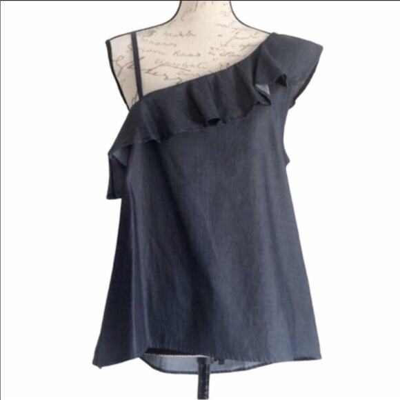 NEW REVOLVE MCGUIRE Cassia Denim Ruffle Asymmetrical Tank Top Blouse Shirt L - Picture 2 of 8